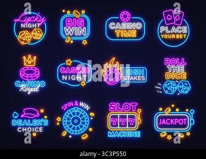 Großes Neonschild mit zwölf leuchtenden Designs im Casino-Stil, darunter Lycky Night, High Stakes, Spin and Win, Big Win und vieles mehr. Buntes Leuchten Stock Vektor