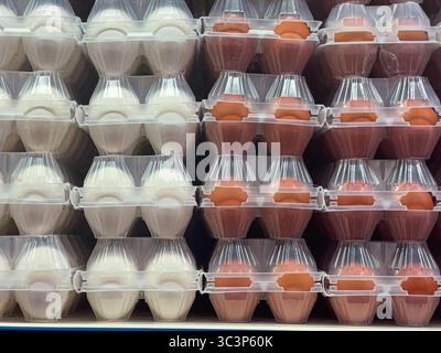 Weiße und braune Hühnereier sind ordentlich in transparenten Kunststoffbehältern angeordnet, in einem Supermarktregal aufgestapelt und bereit zum Kauf Stockfoto