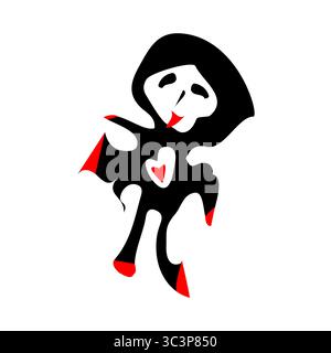 Eine eindringliche schwarze Silhouette mit breiten, hohlen Augen, roten Lippen und einer schlangenähnlichen Zunge, die auf weißem Hintergrund schwebt. Ein glühendes rotes Herz Stock Vektor