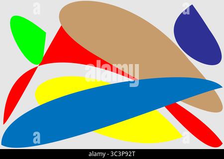 Dynamische abstrakte Illustration mit überlappenden organischen Formen in hellgrünem, rotem, gelbem, blauem und warmem Braun auf hellgrauem Hintergrund. Die Farbe Stock Vektor