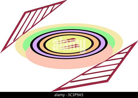 Auffälliger moderner abstrakter Vektor mit einem zentralen Oval mit konzentrischen Ringen in Gelb, Hellgrün und Rosa, umgeben von Schwarz und Lila. Zwei Symmen Stock Vektor