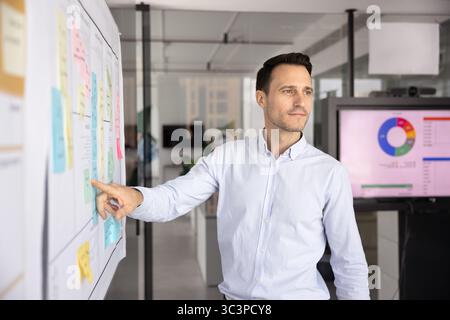 Nachdenklicher Mann, der neben dem Whiteboard steht, mit Haftnotizen Stockfoto