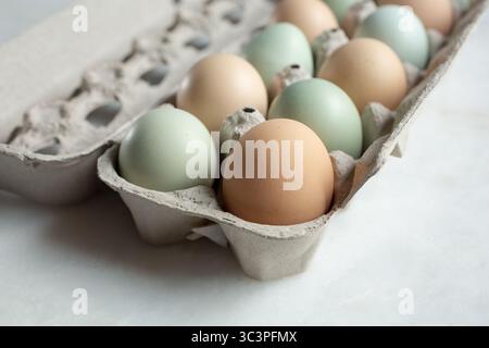 Blick auf eine Schachtel frischer Eier vom Bauernhof. Stockfoto