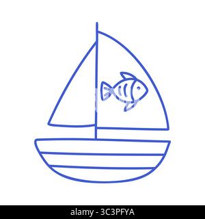 Segelboot mit Fisch auf Segel im marineblauen Stil. Vektor-Konturkontur, die bearbeitet werden kann. Minimalistische Symboldarstellung. Stock Vektor