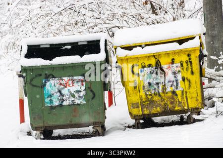 Müllcontainer aus Metall sitzen im Schnee Stockfoto