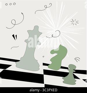Strategische Schachfiguren auf einem schwarz-weißen Brett mit kreativen Designelementen und Energie Stock Vektor