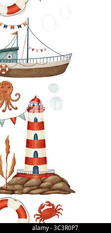 Zu den verspielten nautischen Designs gehören ein bezaubernder Leuchtturm, ein entzückendes Boot, ein Oktopus und eine niedliche Krabbe. Isolierter, handgezeichneter, vertikaler nahtloser Rand. Stockfoto