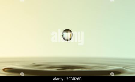 Makronaht von Wassertropfen, die über einer ruhigen Oberfläche aufgehängt sind und Wellen und Reflexionen vor weichen Hintergründen mit Verlaufslinien bilden. Stockfoto