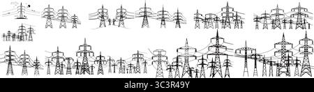 Sammlung verschiedener Sendetürme für Energieinfrastruktur und Stromnetzkonzepte Stock Vektor