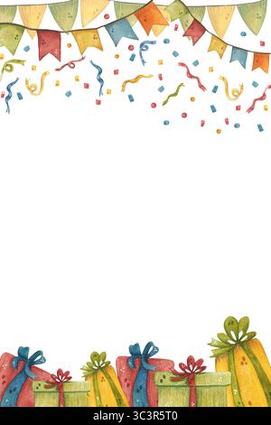 Happy Birthday Card oben sind Girlanden und Konfetti, unten sind Schachteln mit Geschenken Stockfoto