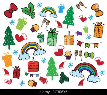 Bunte Weihnachtsmuster Vektor-Illustration mit Regenbogen, Kuchen, Bäumen, Geschenkboxen und anderen Ornamenten. Stock Vektor