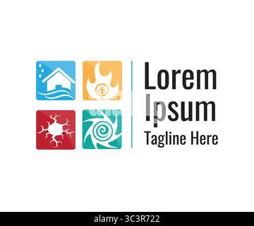 Verschiedene Symbol-basierte Logo-Vektor-Illustration für Naturkatastrophen-Management mit Dummy-Text und weißem Hintergrund, für NGO oder Nichtregierungsorganisationen. Stock Vektor