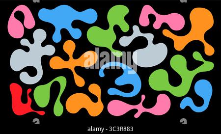 Farbenfrohe Flecken in verschiedenen Formen und Größen sind auf einem schwarzen Hintergrund verstreut und schaffen eine abstrakte, ansprechende visuelle Komposition. Das Arrangement Stock Vektor