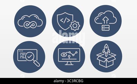Symbolgruppe für Cloud-Technologie-Lösung. Die Symbole zeigen, wie die Entwicklung der Datenspeicherung die Überwachung des Starts überwacht. Webentwicklung für Unternehmenstechnologie Stock Vektor