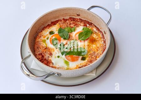 Eine köstliche Portion Shakshuka mit pochierten Eiern, frischen Kräutern und einer reichhaltigen Tomatensauce in einem Le Creuset Gericht, perfekt zum Brunch Stockfoto