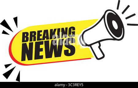 Breaking News Banner mit Megaphone – Vector Announcement Label für dringende Nachrichten, Veranstaltungen und Launch Alerts Stock Vektor