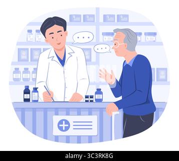 Männlicher Apotheker rät einem älteren Mann, Medikamente in der Apotheke für pharmazeutische, Healthcare und medizinische Konzept Illustration zu nehmen Stock Vektor