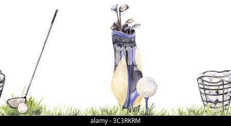 Nahtlose Grenze mit Golfausrüstung, Schlägern, Ball und Übungskorb auf Gras Stockfoto