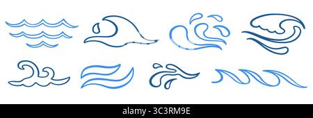 Abstraktes blaues Ocean Waves Logo mit Symbolen Stock Vektor