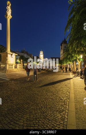 Nachtaufnahme der Pestsäulensäule zum Gedenken an die Opfer der Pest zu Beginn des 18. Jahrhunderts, im Hintergrund TrenDin CA Stockfoto