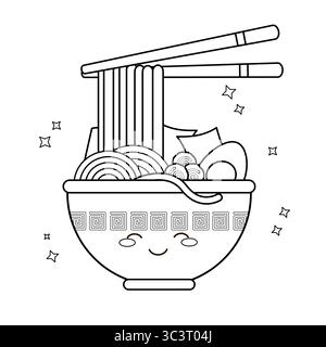 Kawaii Ramen Schüssel mit Stäbchen und lächelndes Gesicht Malseite für Kinder Vektor-Illustration Stock Vektor
