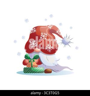 Weihnachtszwerg mit rotem Hut, der Geschenke hält. Niedliche festliche Gnome-Illustration für Grußkarten, Poster und Winterdekorationen. Stock Vektor