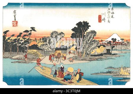 53 Stationen des Tokaido (Hoeido-Ausgabe) von Utagawa Hiroshige - 1834: #3, KAWASAKI, die Fähre von Rokugo Stockfoto