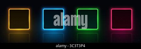 Sammlung von bunten hellen Neonrahmen mit Schatten und Reflexionen auf dunklem Hintergrund. Vektor-3D-Illustration. Stock Vektor