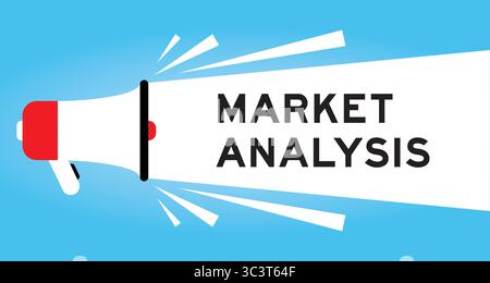 Farbiges Megaphon-Symbol mit Wortmarktanalyse in weißem Banner auf blauem Hintergrund Stock Vektor