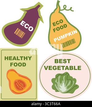 Öko-Lebensmitteletiketten mit Gemüse und Symbolen für gesunde Lebensmittel. Stock Vektor