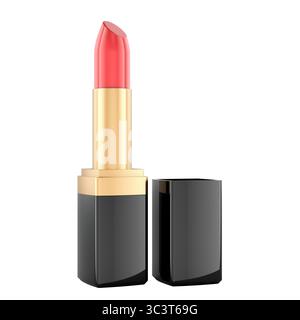 Roter Lippenstift im schwarzen Etui. 3D-Rendering isoliert auf weißem Hintergrund Stockfoto