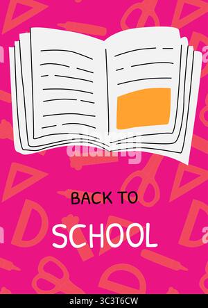 Öffne ein Buch über pinkfarbene Schulmaterialien zum Thema „zurück zur Schule“. Pädagogisches Poster mit Büchern. Ideal für Angebote in der Schule Stock Vektor
