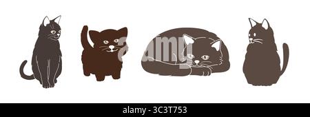 Bezaubernde Illustration einer Gruppe von 4 niedlichen Katzen, perfekt für Tiermotive, Tierliebhaber, Kinderinhalte und kreative Projekte mit Katzenbezug. Stock Vektor
