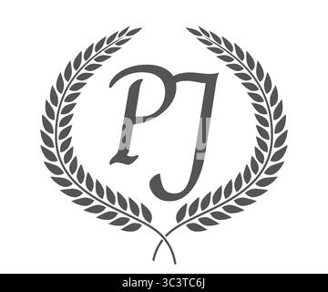 Anfangsbuchstaben P und J, PJ-Monogramm-Logo mit Lorbeerkranz. Luxuriöses Emblem mit Kalligraphie-Schriftart. Stock Vektor
