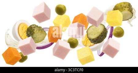 Russischer Salat isoliert auf weißem Hintergrund mit Schneidepfad Stockfoto