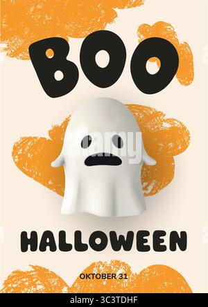 Lustiges vertikales Halloween-Poster mit einem traurigen Geist und fetten BUH-Text. Leuchtende orangefarbene Farbklumpen und ein niedlicher 3D-Charakter sorgen für ein gespenstisches Erlebnis Stock Vektor