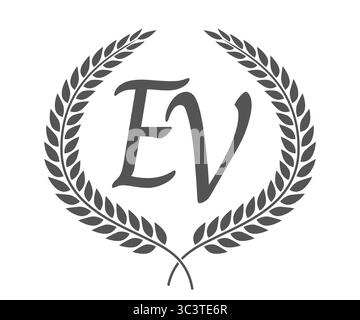 Anfangsbuchstaben E und V, EV-Monogramm-Logo mit Lorbeerkranz. Luxuriöses Emblem mit Kalligraphie-Schriftart. Stock Vektor