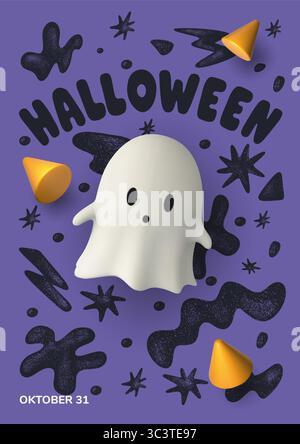 Vertikales Halloween-Poster mit süßem weißen 3D-Geist, gruseligen Sternen, Süßigkeiten und auffälligen Schriftzügen. Lustiges und verspieltes lila Design für saisonale Feierlichkeiten Stock Vektor