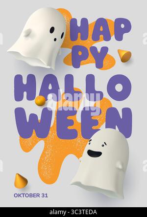 Farbenfrohes vertikales Halloween-Poster mit zwei süßen 3D-Geistern und verspieltem Happy Halloween-Schriftzug. Orangefarbene, strukturierte Spritzer und violette Schriftart erzeugen einen Stock Vektor