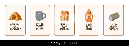 Vektor-Camping-Zitatkarten mit Zelt, Becher, Rucksack, Laterne und Schlafsack. Motivierende Sätze für Wander- und Outdoor-Abenteuer in flachem Stil Stock Vektor