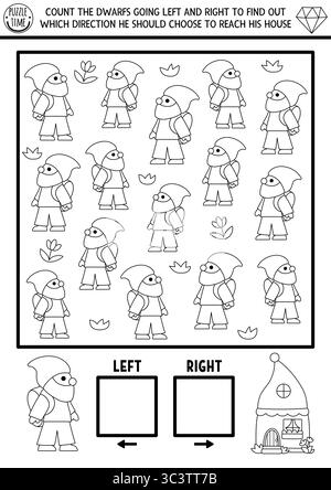 Zwerglogikspiel mit linkem und rechtem Konzept für Kinder. Ich spioniere Schwarzweiß-Suche aus, zähle Aktivitäten mit Zwergen, die nach Hause suchen. Magie für Stock Vektor