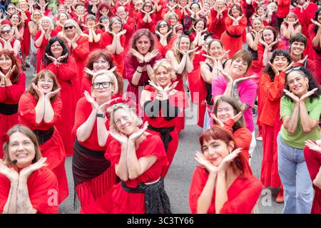 Birmingham, Großbritannien. Juli 2025. 300 Menschen treffen sich zusammen, um eine Tanzroutine namens Most Wuthering Heights Ever in Kings Heath, Birmingham, Großbritannien, aufzuführen. Die Teilnehmer, alle in rot gekleidet, wurden von Jess Phillips, Labour-Abgeordneter für Yardley, Birmingham, angesprochen, bevor sie das Musikvideo für Kate Bushs ikonisches Lied „Wuthering Heights“ reproduzierten. Die Veranstaltung sammelt Gelder für Women's Empowerment and Recovery Educators und ANAWIM Charitations. Quelle: Peter Lopeman/Alamy Live News Stockfoto