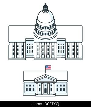 Weißes Haus und Kapitol im Stil einer Zeichentrickfigur. USA Washington DC Wahrzeichen. Einfache moderne Vektorillustration. Stock Vektor