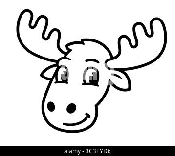 Lustige Zeichentrickzeichnung Elchkopf. Schwarz-weiße Strichgrafik. Illustration von Vektorclips. Stock Vektor