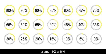 Prozentsatz der minimalen Elemente für Infografiken. Runddiagrammsymbole für Infografiken von 0 bis 100 Prozent. Grau, gelb, schwarz füllen geteilte Torte Stock Vektor