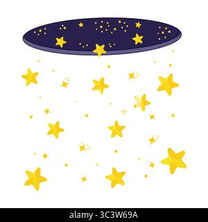 Magisches Sternenportal mit fallenden goldenen Sternen-Illustration. Vom Portal fallen große gelbe Sterne und funkelnde Punkte anmutig nach unten. Stock Vektor