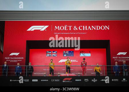Podium des Rennens: Oscar Piastri gewinnt, dann Lando Norris und Charles Leclerc, belgischer GP, Spa-Francorchamps 24-27. Juli 2025 Formel-1-Weltmeister Stockfoto