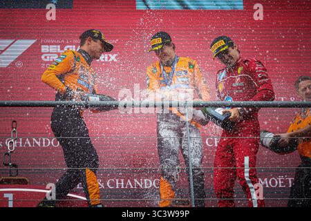 Podium des Rennens: Oscar Piastri gewinnt, dann Lando Norris und Charles Leclerc, belgischer GP, Spa-Francorchamps 24-27. Juli 2025 Formel-1-Weltmeister Stockfoto