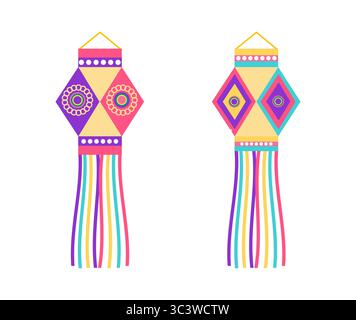 Diwali Festival Vektorpaket mit Laternen im flachen Stil. Deepavali Vektorillustration für kreatives Marketingmaterial Stock Vektor