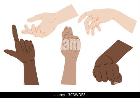 Afrikanische, asiatische und europäische Hand halten Gesten flache Illustration auf weißem Hintergrund. Stock Vektor